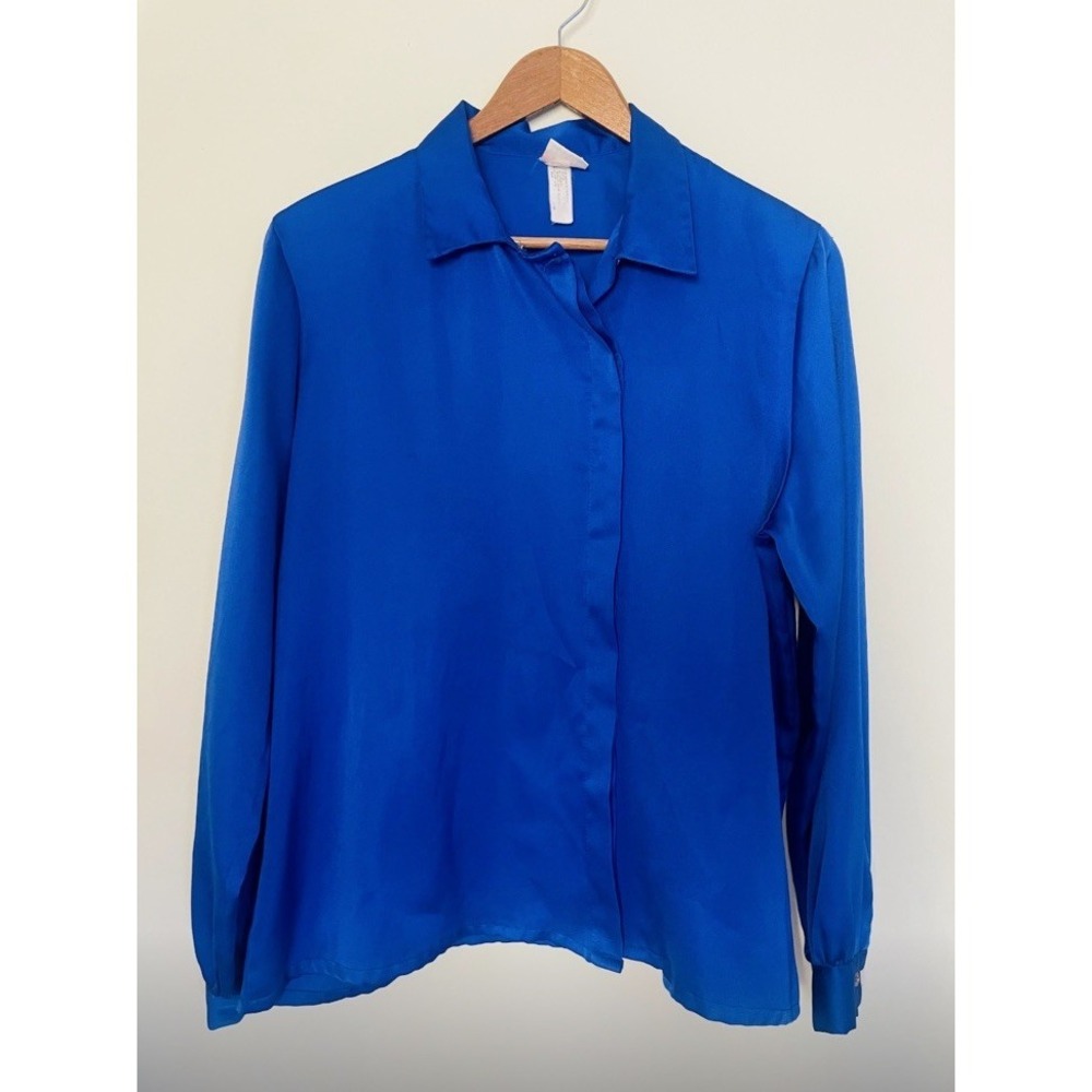 VTG Pandora Royal Blue Button Down Blouse. Size 13/14 (M/L). Minimalist.